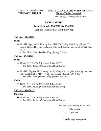 Tuần 29, từ ngày 25/4/2022 đến 29/4/2022