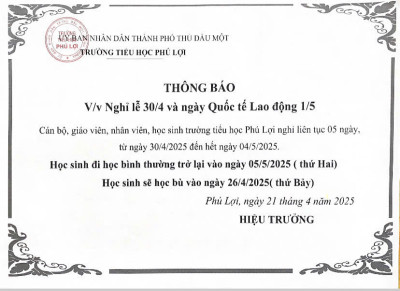 Thông báo Nghỉ lễ 30/4 và Quốc tế Lao động 1/5