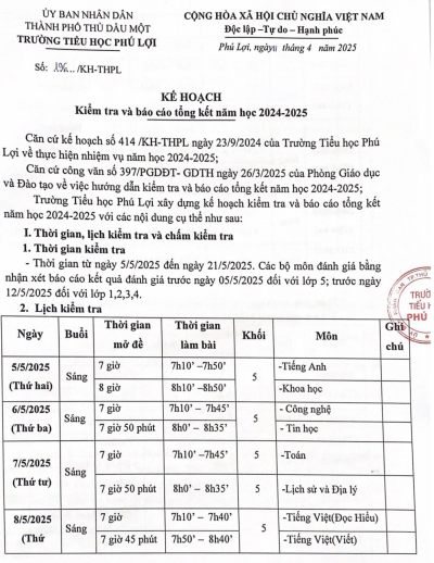 Lịch kiểm tra học kỳ 2