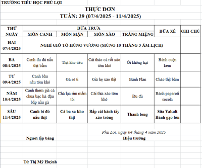 Thực đơn tuần: 34 (12/5/2024-16/5/2025)