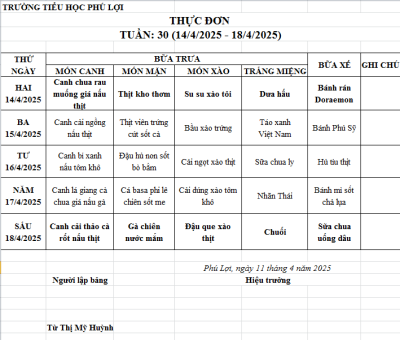 Thực đơn tuần: 34 (12/5/2024-16/5/2025)