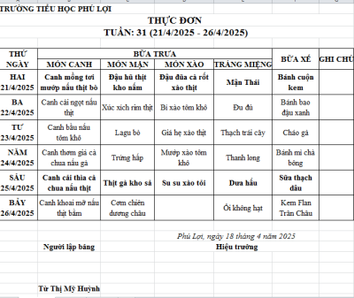 Thực đơn tuần: 34 (12/5/2024-16/5/2025)