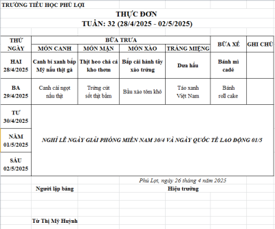 Thực đơn tuần: 34 (12/5/2024-16/5/2025)