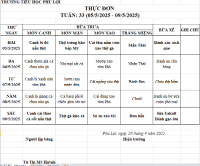 Thực đơn tuần: 34 (12/5/2024-16/5/2025)