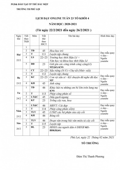 Lịch dạy học trực tuyến khối 4 tuần 23 22/02/2021 - 27/02/2021