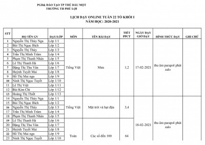 Lịch dạy học trực tuyến khối 1 tuần 22 16/02/2021 - 19/02/2021