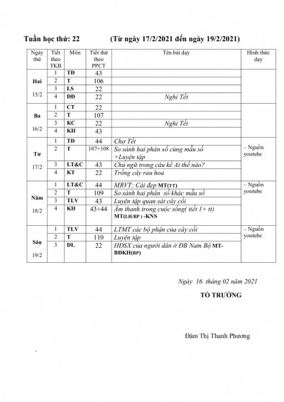 Lịch dạy học trực tuyến khối 4 tuần 22 16/02/2021 - 19/02/2021