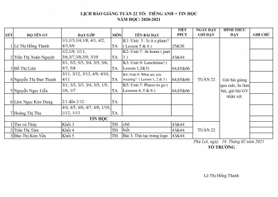 Lịch dạy học trực tuyến Tiếng Anh - Tin Học tuần 22 16/02/2021 - 19/02/2021
