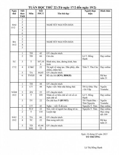 Lịch dạy học trực tuyến khối 3 tuần 22 16/02/2021 - 19/02/2021