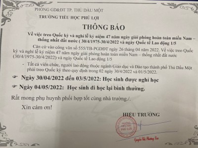 Thông báo nghỉ lễ 30/4 - 1/5 năm học 2021 - 2022
