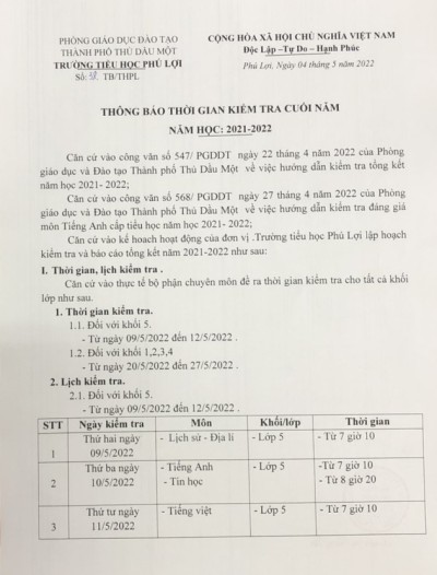 Thông báo thời gian kiểm tra cuối năm học 2021-2022
