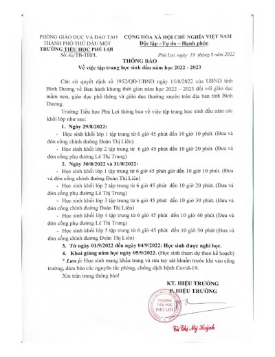 Trường Tiểu học Phú Lợi thông báo về việc tập trung học sinh đầu năm học 2022-2023.
