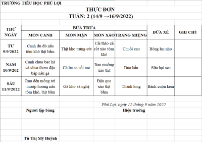 Thực đơn tuần: 2 (14/9 →16/9/2022)