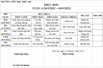 Thực đơn tuần: 4 (26/9 →30/9/2022)