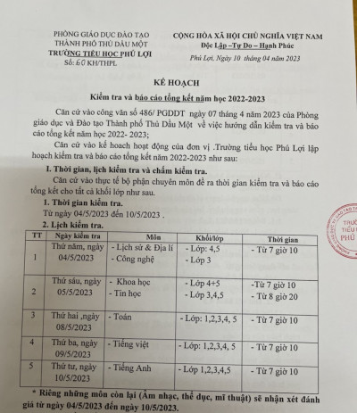 Thông báo lịch kiểm tra học kỳ II năm học 2022-2023