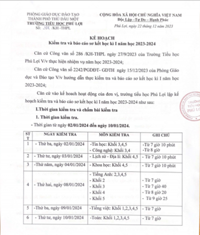 Thông báo lịch kiểm tra học kì I năm học 2023-2024