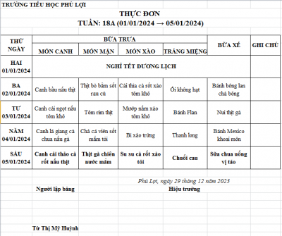 Thực đơn tuần: 18A (01/01/2024-05/01/2024)