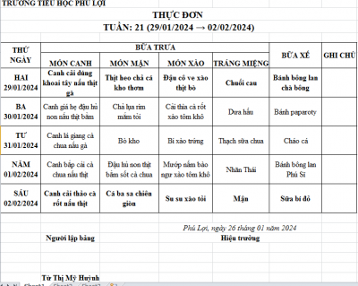 Thực đơn tuần: 21 (29/01/2024-02/02/2024)