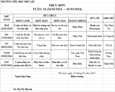 Thực đơn tuần: 24 (26/02/2024-01/03/2024)