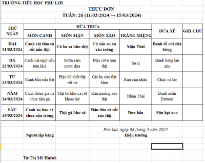 Thực đơn tuần: 26 (11/03/2024-15/03/2024)