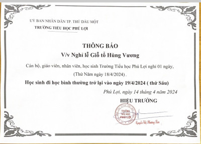 Thông báo nghỉ lễ Giỗ tổ Hùng Vương