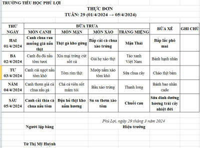 Thực đơn tuần: 29 (01/04/2024-05/04/2024)