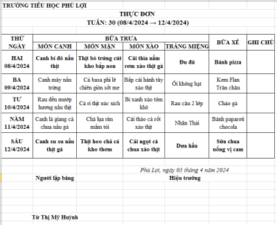 Thực đơn tuần: 30 (08/04/2024-12/04/2024)