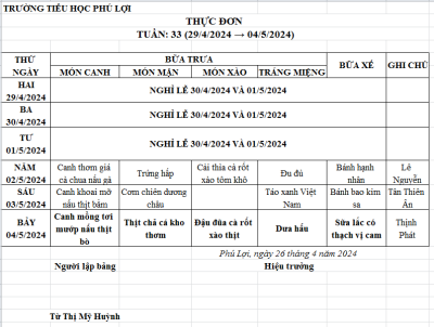 Thực đơn tuần: 33 (29/04/2024-4/05/2024)