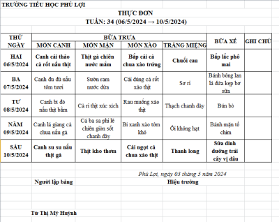 Thực đơn tuần: 34 (6/05/2024-10/05/2024)