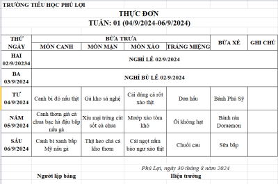 Thực đơn tuần: 1 (04/09/2024-06/09/2024)