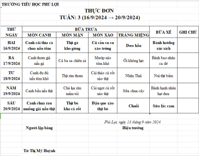 Thực đơn tuần: 3 (16/09/2024-20/09/2024)