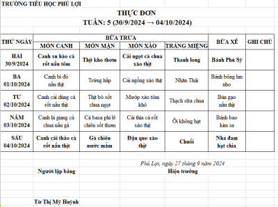 Thực đơn tuần: 5 (30/09/2024-04/10/2024)