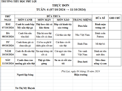 Thực đơn tuần: 6 (7/10/2024-11/10/2024)