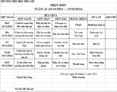 Thực đơn tuần: 11 (11/11/2024-15/11/2024)