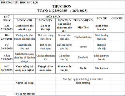 Thực đơn tuần: 3 (22/9/2024-26/9/2025)