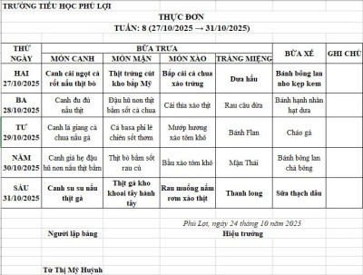 Thực đơn tuần: 8 (27/10/2024-31/10/2025)