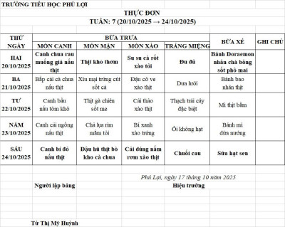 Thực đơn tuần: 7 (20/10/2024-24/10/2025)