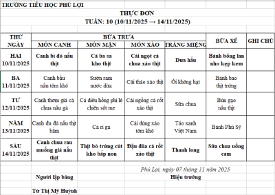 Thực đơn tuần: 10 (10/11/2024-14/11/2025)