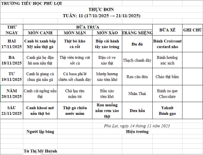 Thực đơn tuần: 11 (17/11/2024-21/11/2025)