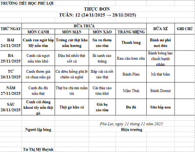 Thực đơn tuần: 12 (24/11/2024-28/11/2025)