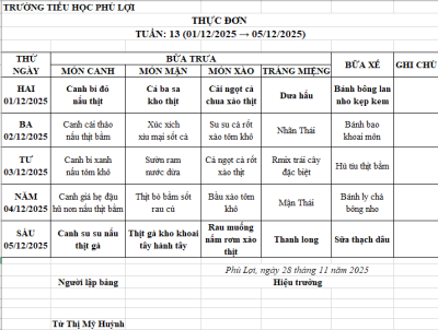 Thực đơn tuần: 13 (24/11/2024-28/11/2025)
