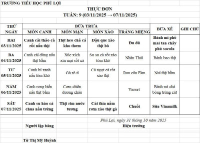 Thực đơn tuần: 9 (3/11/2024-7/11/2025)