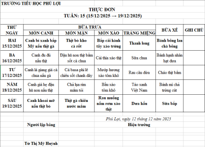Thực đơn tuần: 15 (15/12/2025 → 19/12/2025)