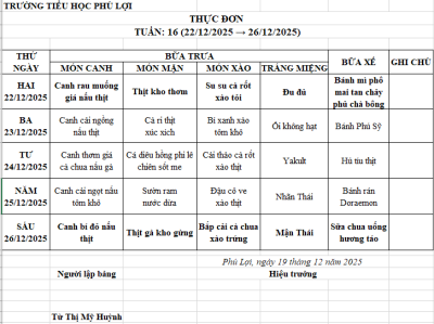 Thực đơn tuần : 16 (22/12/2025 → 26/12/2025)