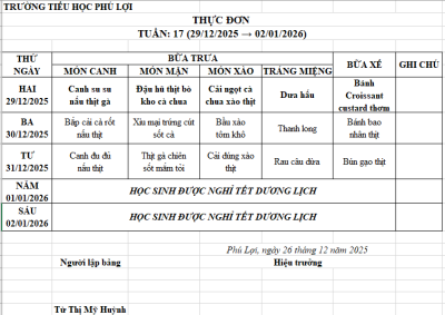 Thực đơn tuần: 17 (29/12/2025 → 02/01/2026)