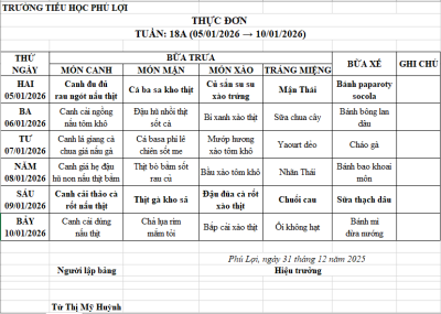Thực đơn tuần: 18A (05/1/2026 → 10/01/2026)