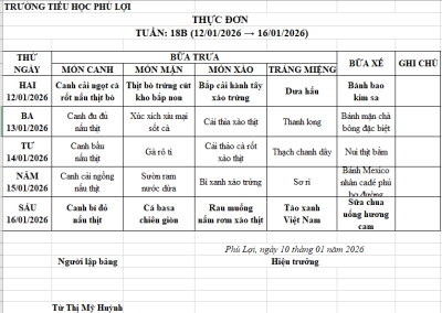 Thực đơn tuần: 18B (12/1/2026 → 16/01/2026)