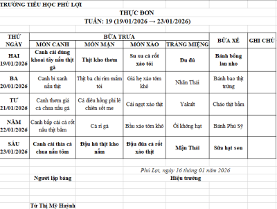 Thực đơn tuần: 19 (19/1/2026 → 23/01/2026)