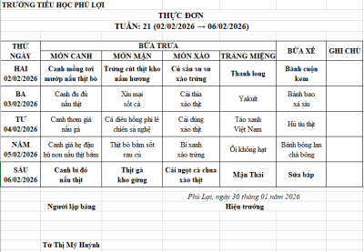 Thực đơn tuần: 21 (02/02/2026 → 07/02/2026)