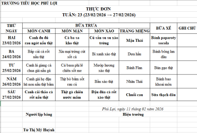 Thực đơn tuần: 23 (23/02/2026 → 27/02/2026)